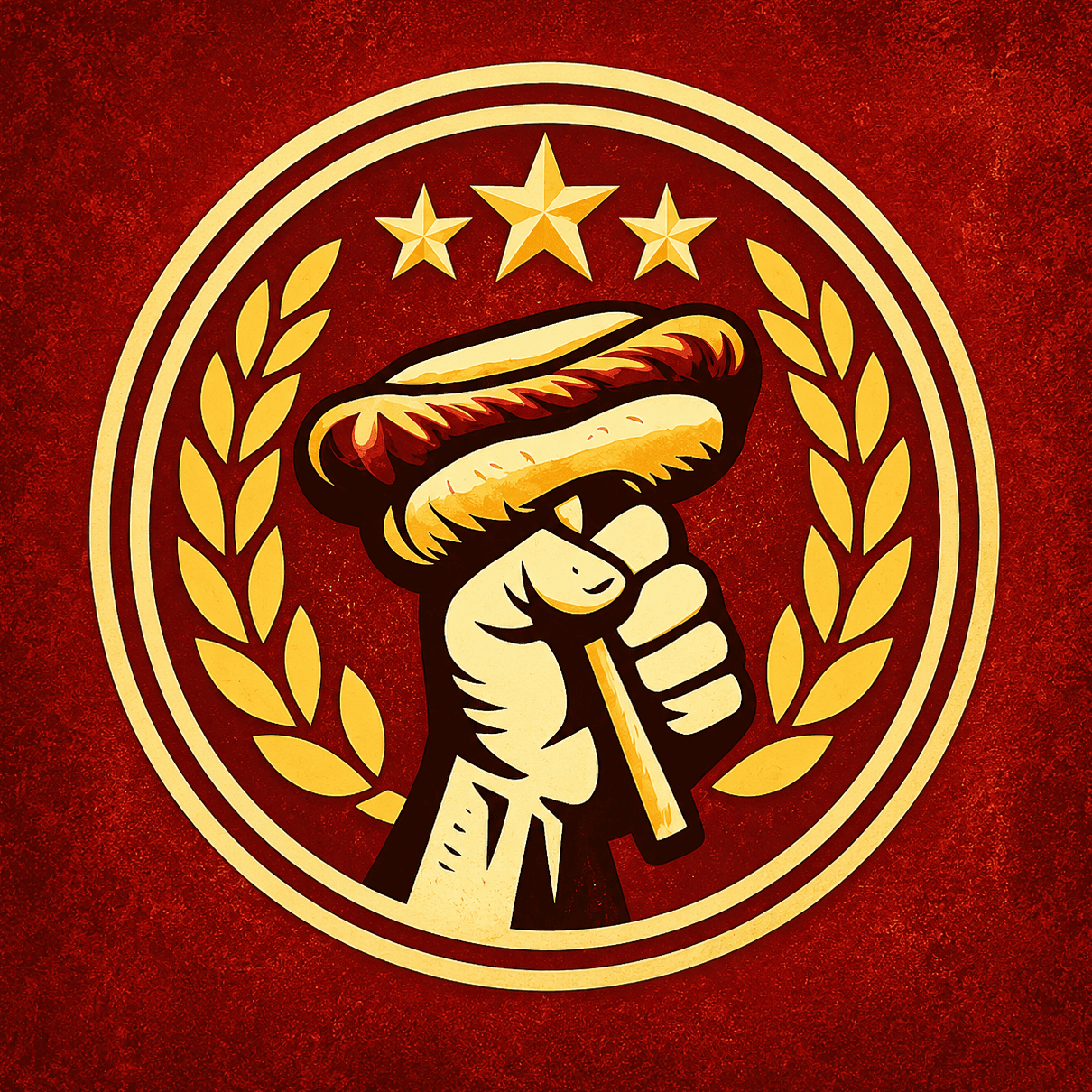Emblema de Guerras Políticas: un puño en alto sosteniendo un choripán, entre laureles